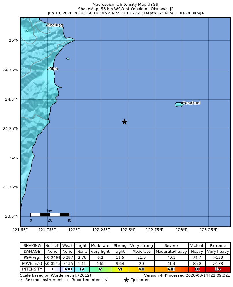 USGS ShakeMap intensity contours for the M5.4 earthquake near 56 km WSW of Yonakuni, Japan