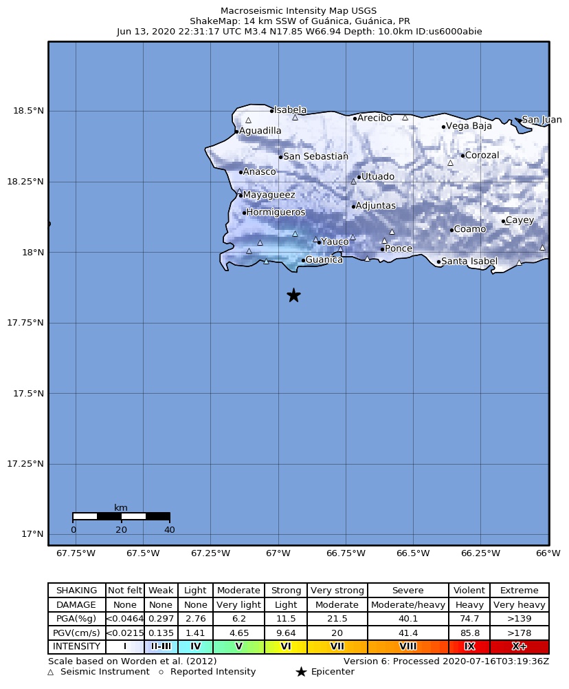USGS ShakeMap intensity contours for the M3.6 earthquake near 5 km SW of Guánica, Puerto Rico