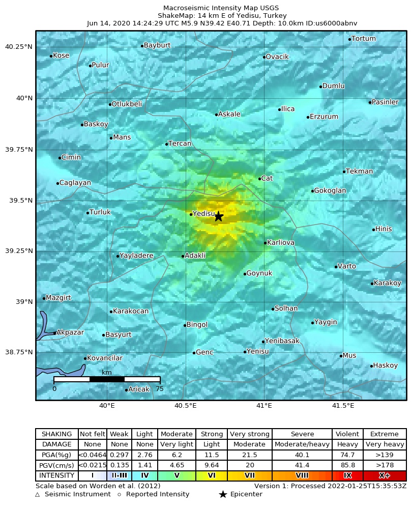 USGS ShakeMap intensity contours for the M5.9 earthquake near 14 km E of Yedisu, Turkey