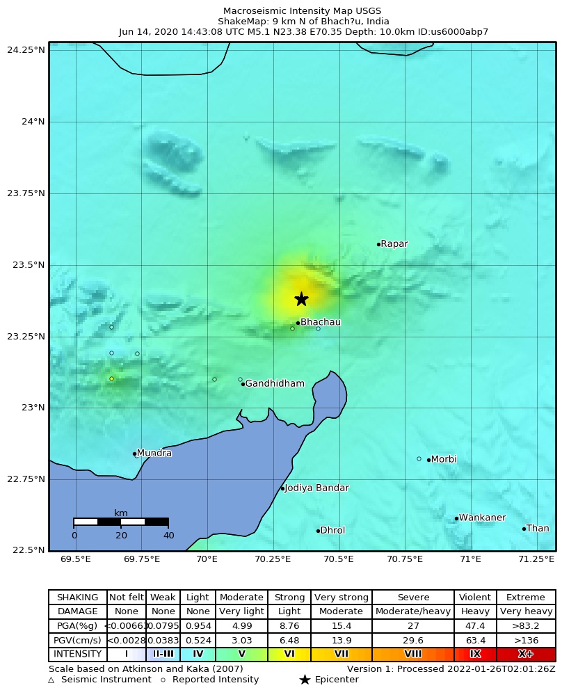 USGS ShakeMap intensity contours for the M5.1 earthquake near 9 km N of Bhach?u, India