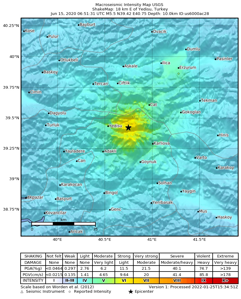 USGS ShakeMap intensity contours for the M5.5 earthquake near 18 km E of Yedisu, Turkey