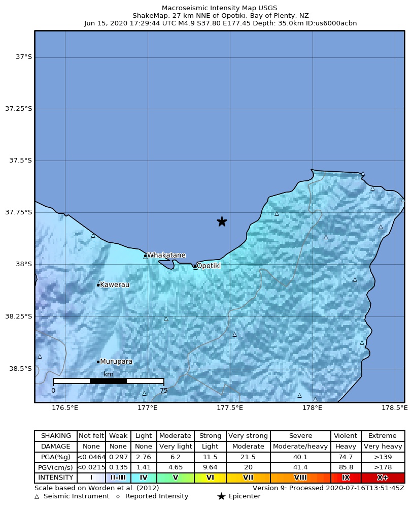 USGS ShakeMap intensity contours for the M4.9 earthquake near 27 km NNE of Opotiki, New Zealand