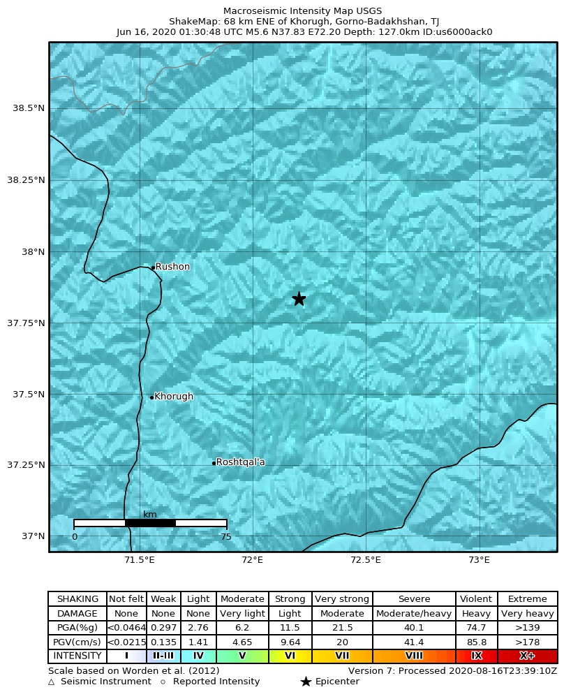 USGS ShakeMap intensity contours for the M5.6 earthquake near 68 km ENE of Khorugh, Tajikistan