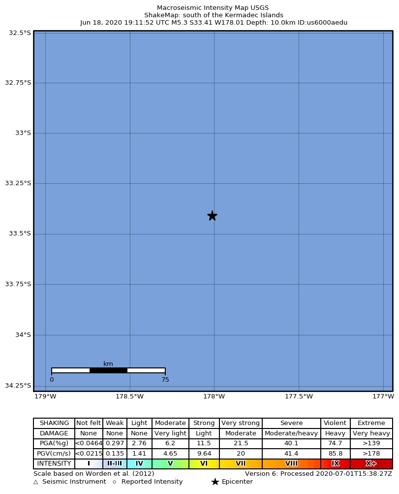 USGS ShakeMap intensity contours for the M5.3 earthquake near south of the Kermadec Islands