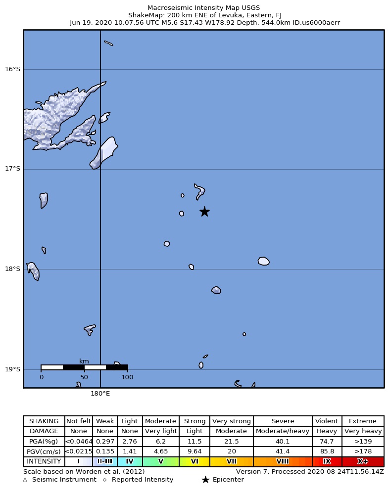 USGS ShakeMap: estimated shaking intensity around the epicenter