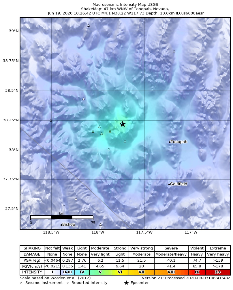 USGS ShakeMap: estimated shaking intensity around the epicenter