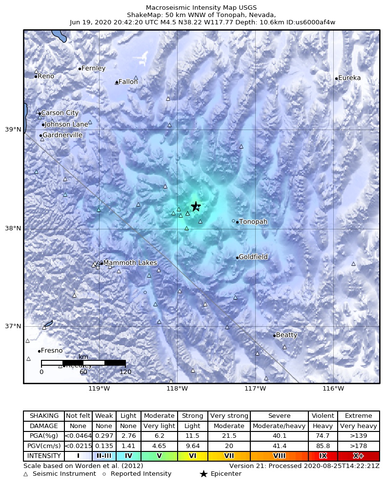 USGS ShakeMap: estimated shaking intensity around the epicenter