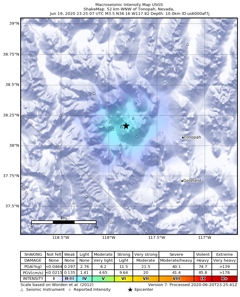 USGS ShakeMap: estimated shaking intensity around the epicenter