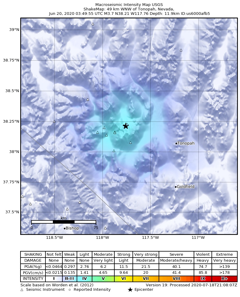 USGS ShakeMap: estimated shaking intensity around the epicenter
