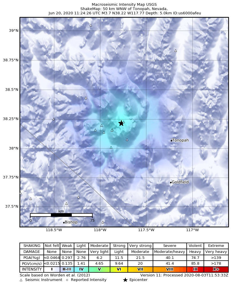 USGS ShakeMap: estimated shaking intensity around the epicenter
