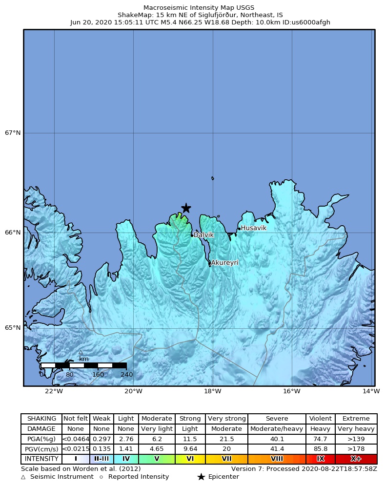 USGS ShakeMap intensity contours for the M5.4 earthquake near 15 km NE of Siglufjörður, Iceland