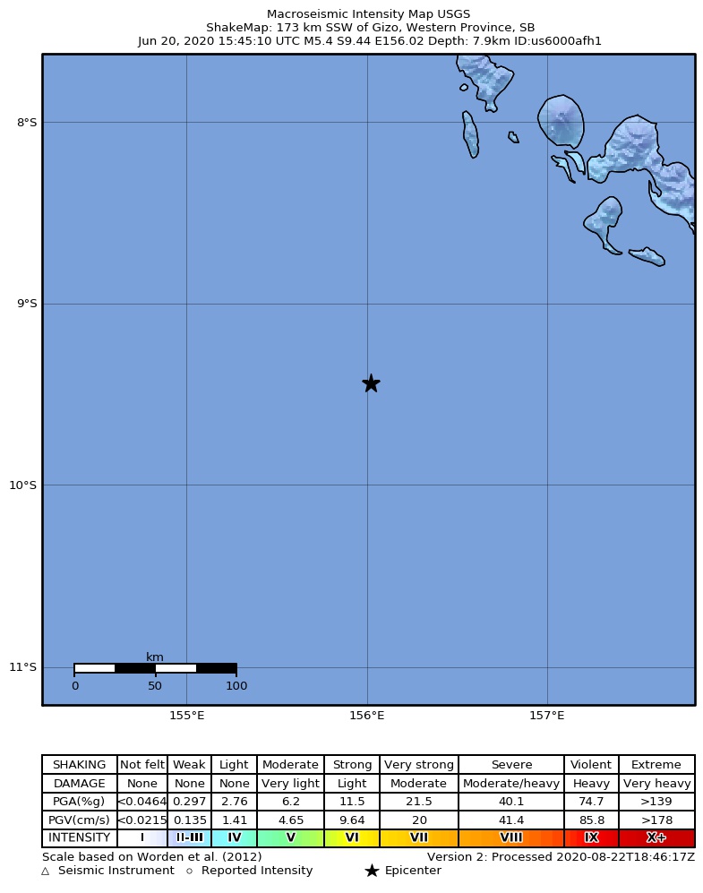 USGS ShakeMap intensity contours for the M5.4 earthquake near 173 km SSW of Gizo, Solomon Islands