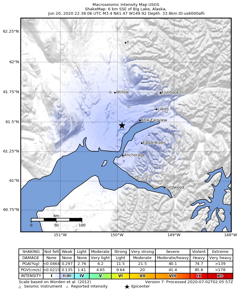 USGS ShakeMap intensity contours for the M3.1 earthquake near 7 km SSE of Big Lake, Alaska