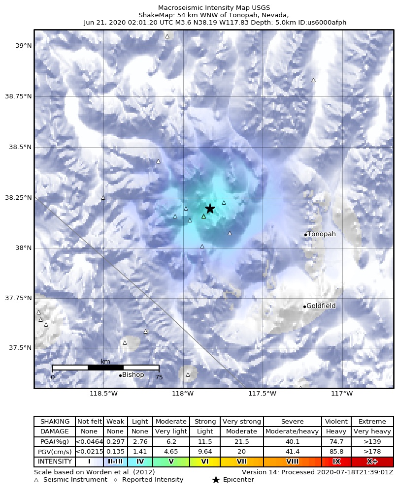USGS ShakeMap: estimated shaking intensity around the epicenter