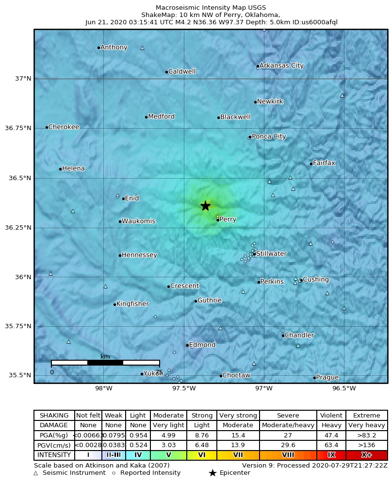 USGS ShakeMap: estimated shaking intensity around the epicenter