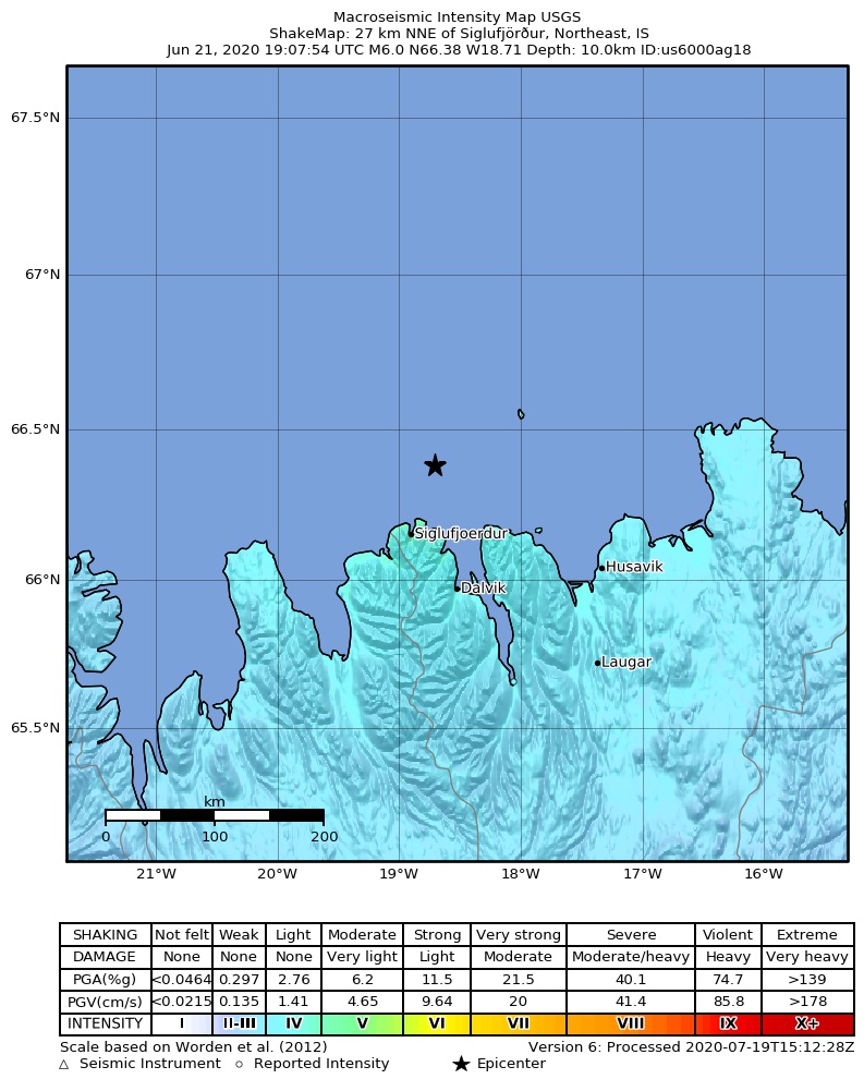 USGS ShakeMap intensity contours for the M6.0 earthquake near 27 km NNE of Siglufjörður, Iceland