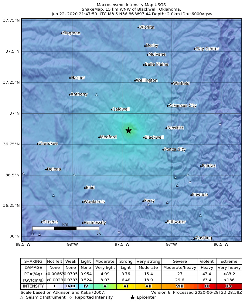 USGS ShakeMap intensity contours for the M3.7 earthquake near 6 km N of Nardin, Oklahoma