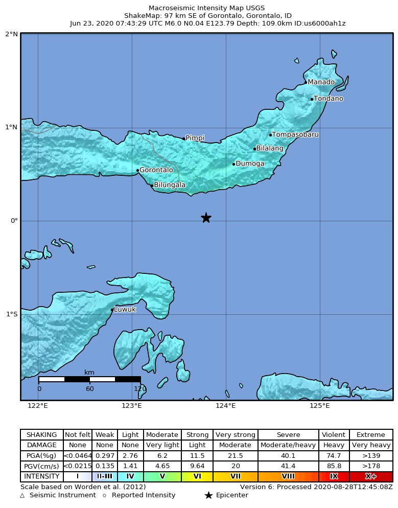 USGS ShakeMap intensity contours for the M6.0 earthquake near 97 km SE of Gorontalo, Indonesia