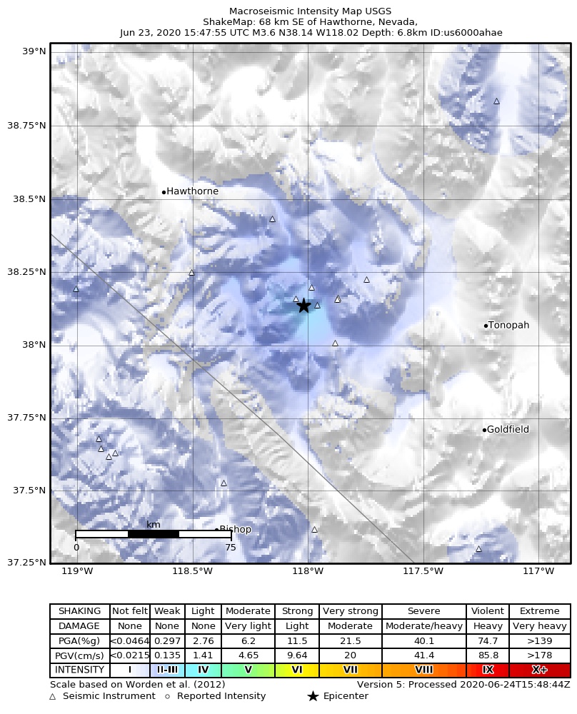 USGS ShakeMap: estimated shaking intensity around the epicenter