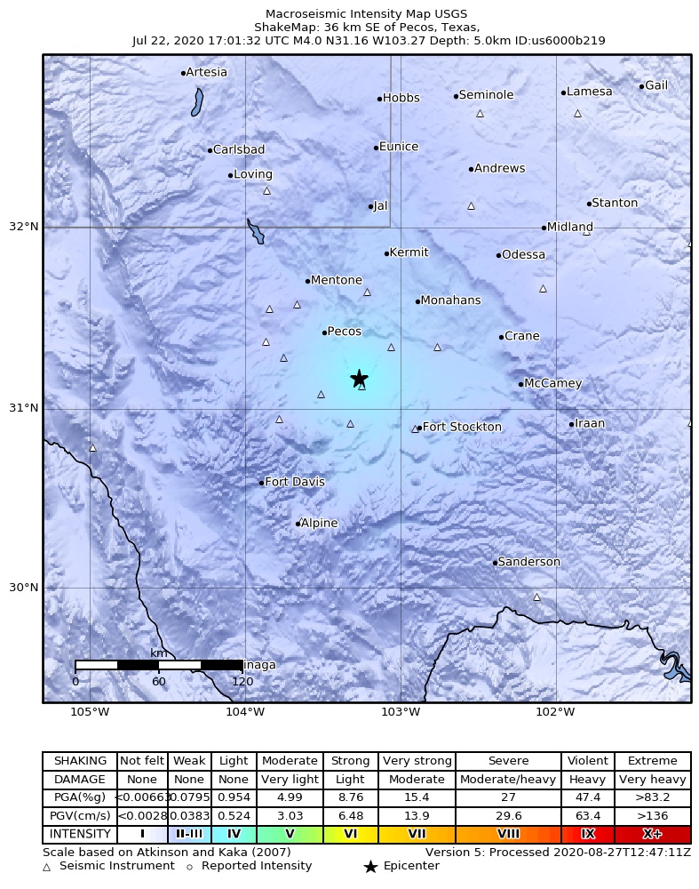 USGS ShakeMap: estimated shaking intensity around the epicenter
