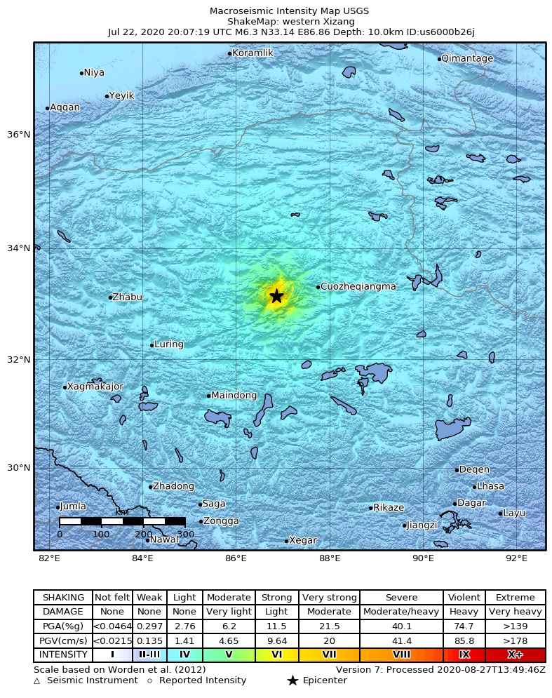 USGS ShakeMap intensity contours for the M6.3 earthquake near western Xizang