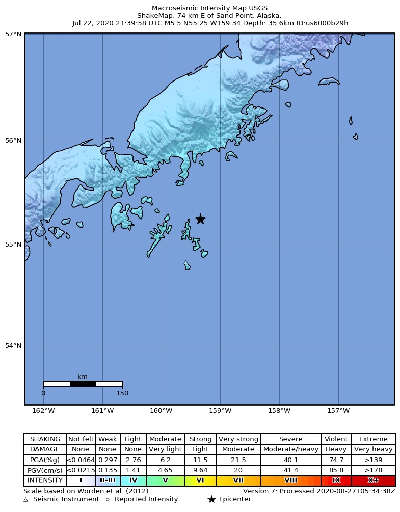 USGS ShakeMap intensity contours for the M5.5 earthquake near 73 km S of Ivanof Bay, Alaska