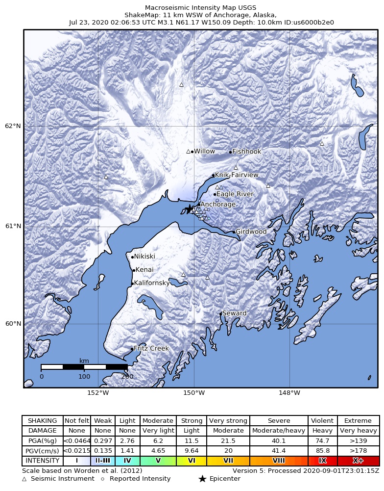 USGS ShakeMap: estimated shaking intensity around the epicenter