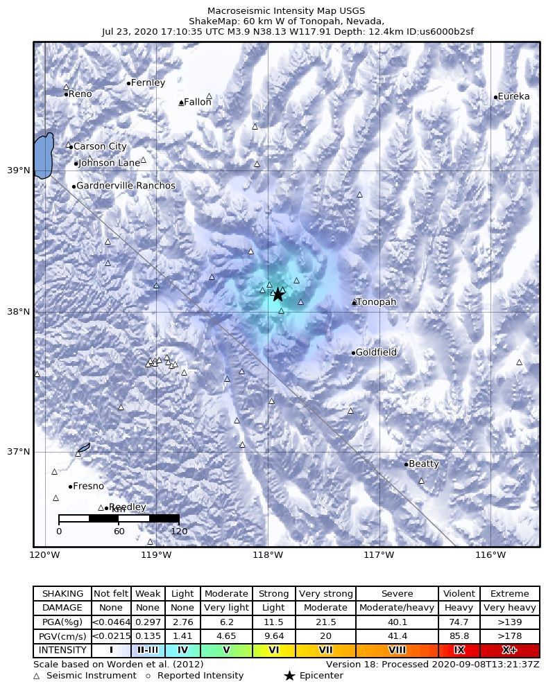 USGS ShakeMap: estimated shaking intensity around the epicenter