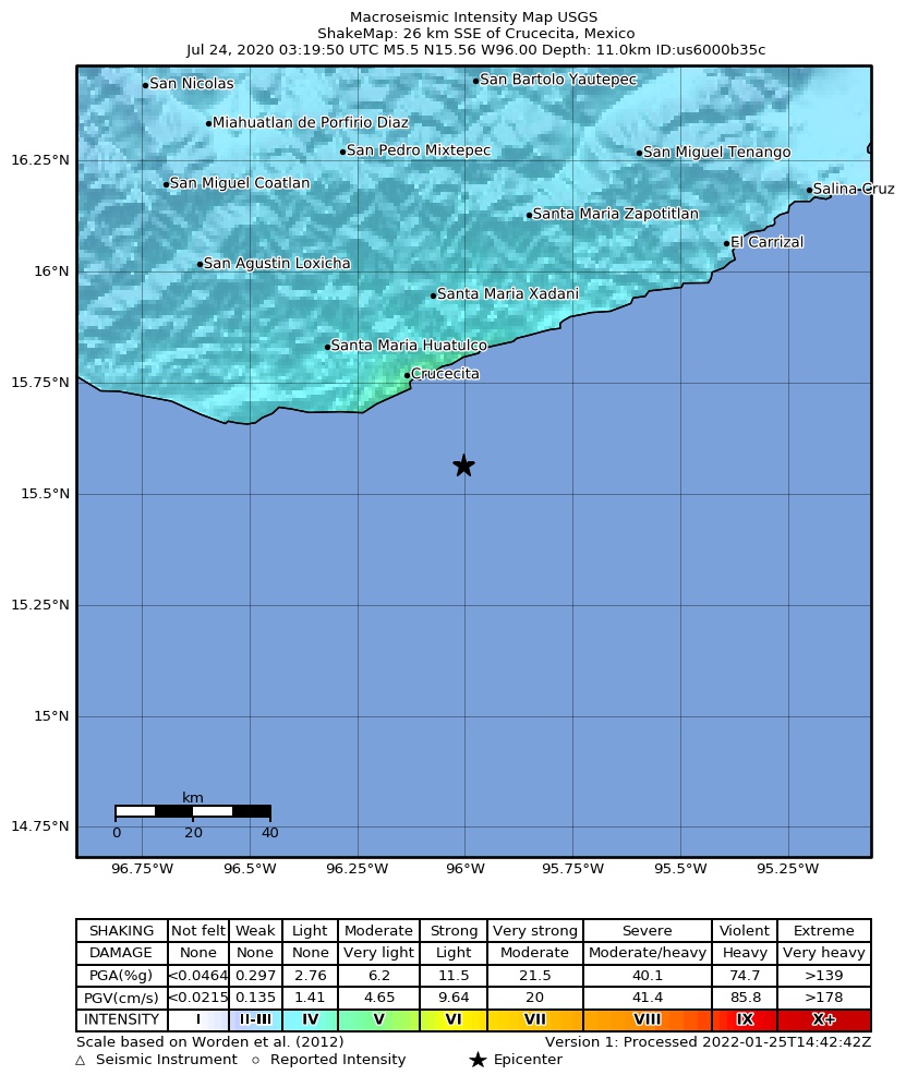 USGS ShakeMap intensity contours for the M5.5 earthquake near 26 km SSE of Crucecita, Mexico