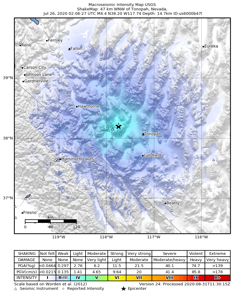 USGS ShakeMap: estimated shaking intensity around the epicenter