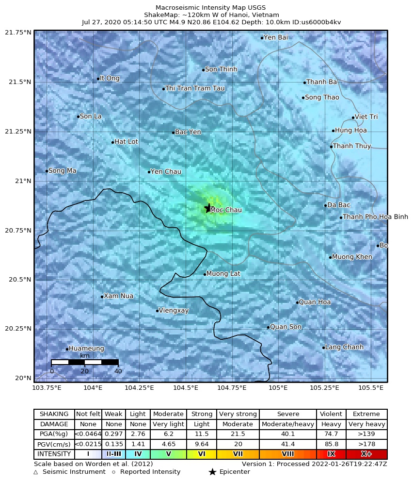 USGS ShakeMap intensity contours for the M4.9 earthquake near ~120km W of Hanoi, Vietnam