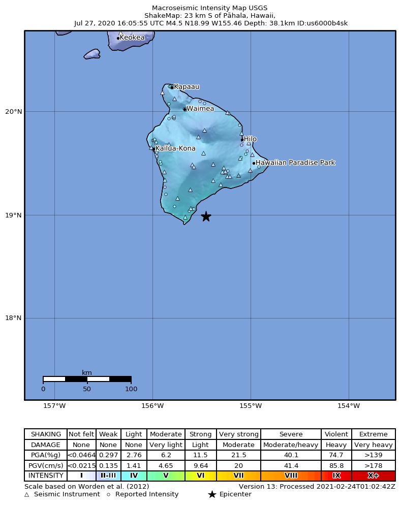 USGS ShakeMap intensity contours for the M4.7 earthquake near 19 km SE of Naalehu, Hawaii