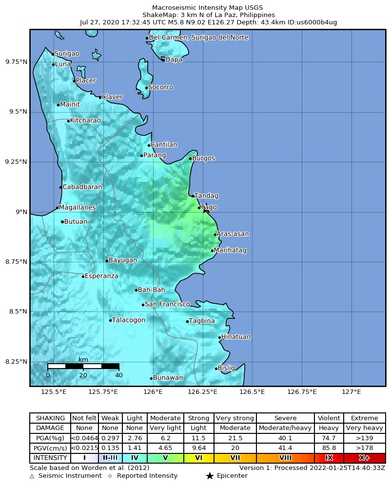 USGS ShakeMap intensity contours for the M5.8 earthquake near 3 km N of La Paz, Philippines
