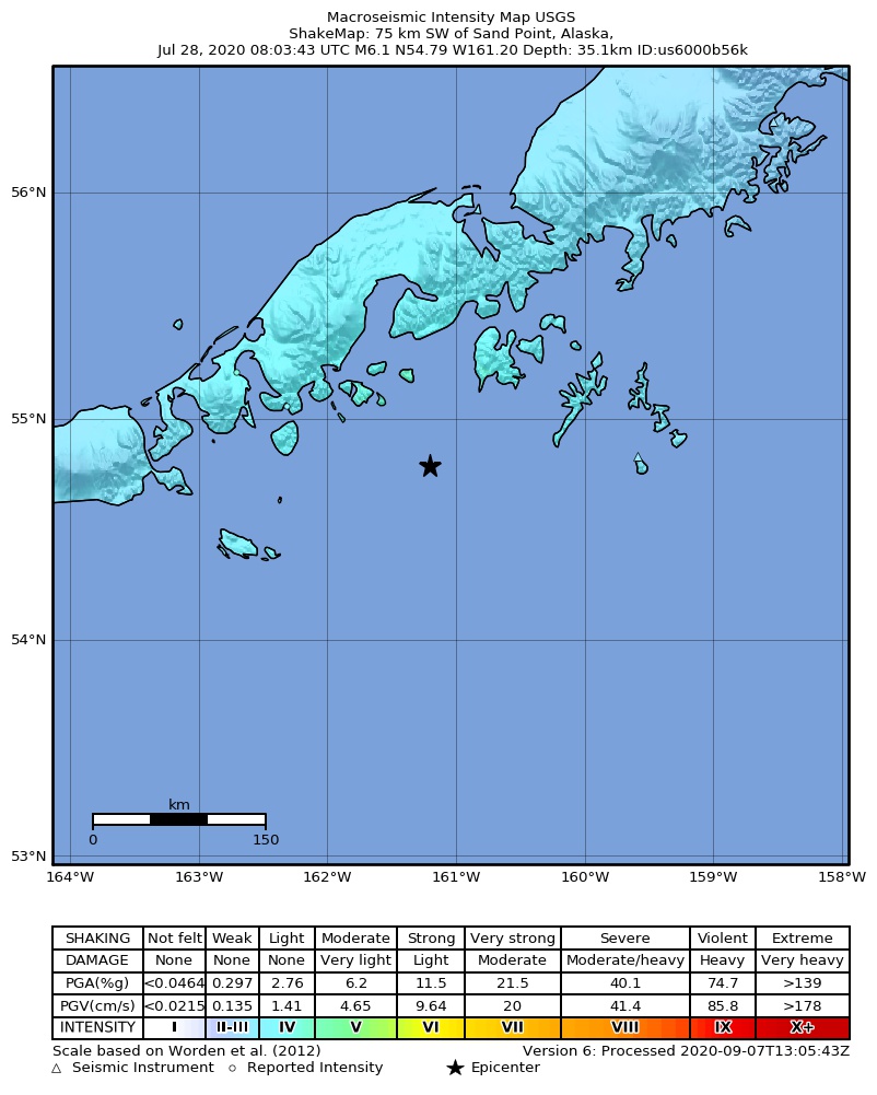 USGS ShakeMap: estimated shaking intensity around the epicenter