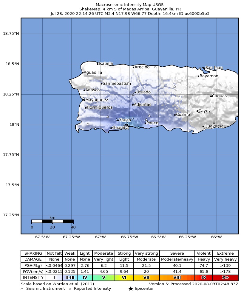 USGS ShakeMap intensity contours for the M3.2 earthquake near Puerto Rico region