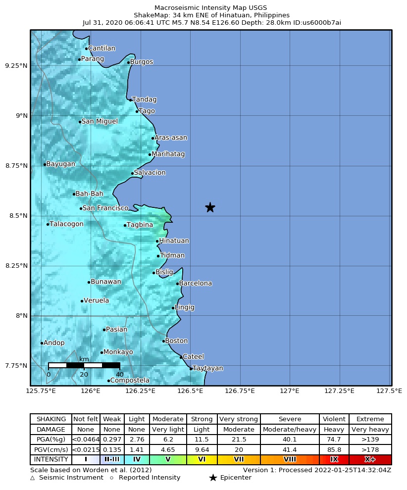 USGS ShakeMap intensity contours for the M5.7 earthquake near 34 km ENE of Hinatuan, Philippines