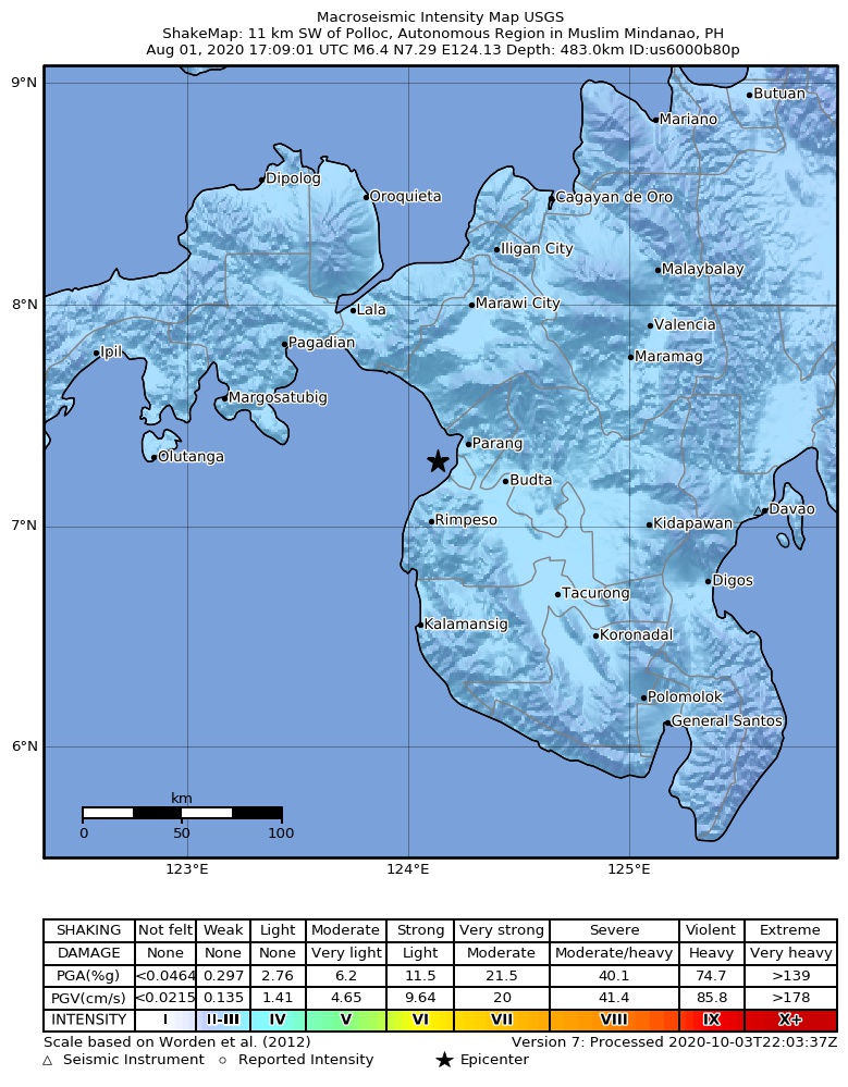 USGS ShakeMap intensity contours for the M6.4 earthquake near 11 km SW of Polloc, Philippines