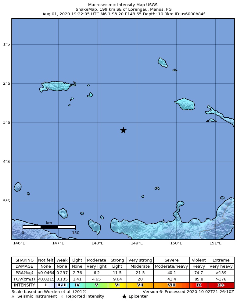 USGS ShakeMap intensity contours for the M6.1 earthquake near 199 km SE of Lorengau, Papua New Guinea