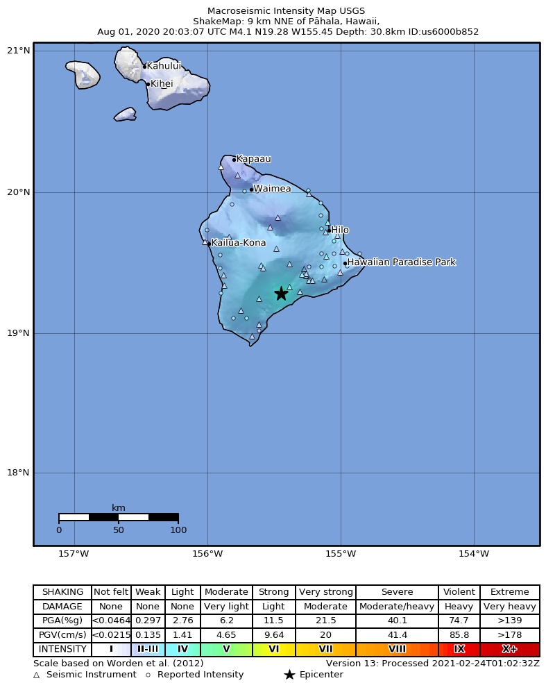 USGS ShakeMap intensity contours for the M4.2 earthquake near 8 km ENE of P?hala, Hawaii