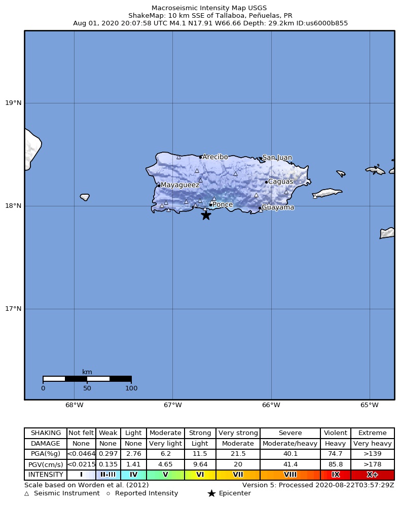 USGS ShakeMap intensity contours for the M3.5 earthquake near 9 km SSE of Tallaboa, Puerto Rico