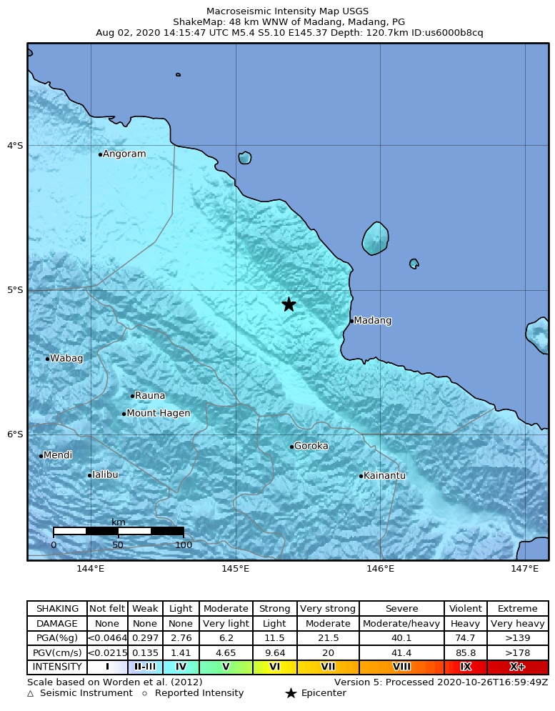 USGS ShakeMap intensity contours for the M5.4 earthquake near 48 km WNW of Madang, Papua New Guinea