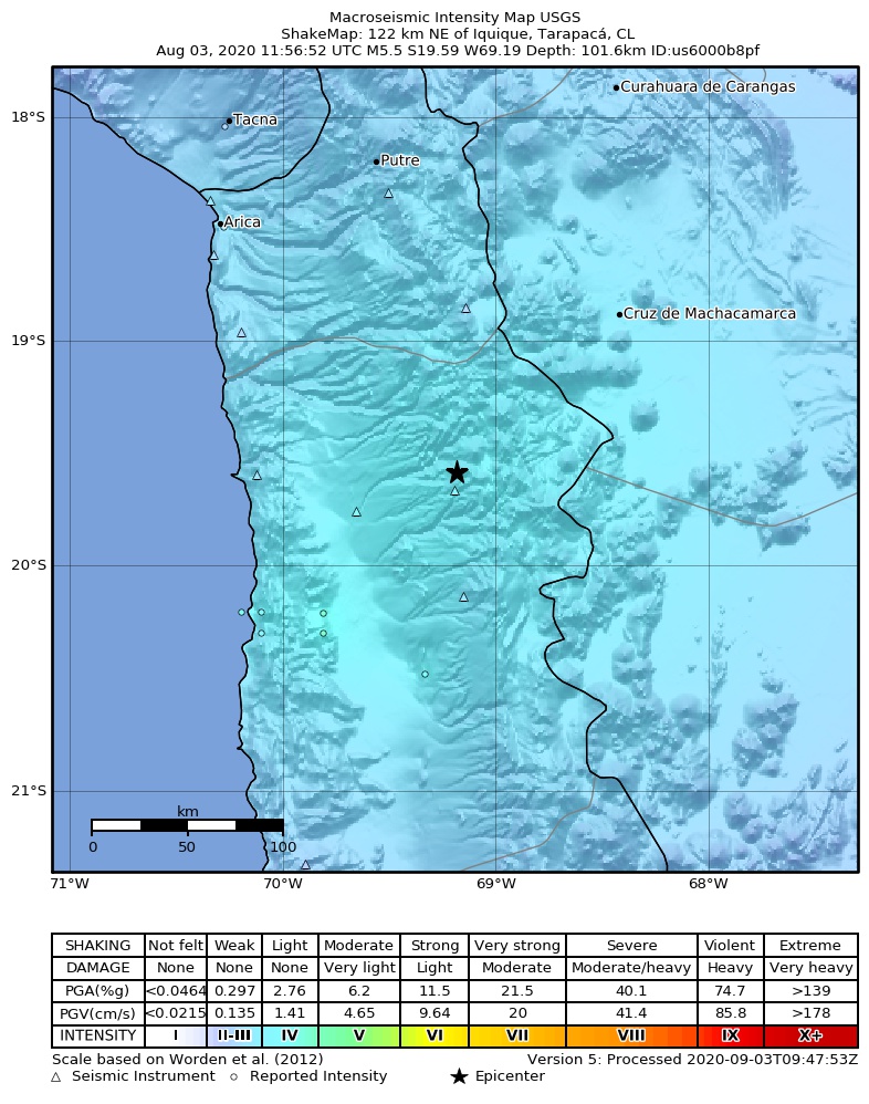 USGS ShakeMap: estimated shaking intensity around the epicenter