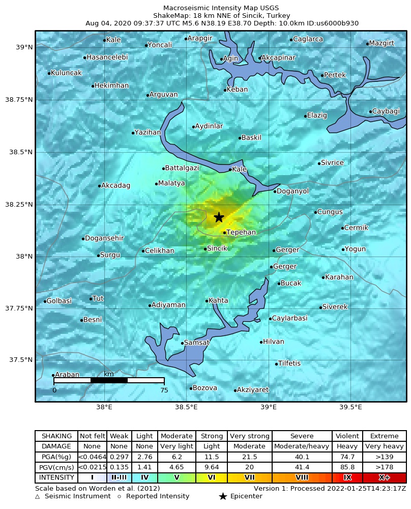 USGS ShakeMap intensity contours for the M5.6 earthquake near 18 km NNE of Sincik, Turkey
