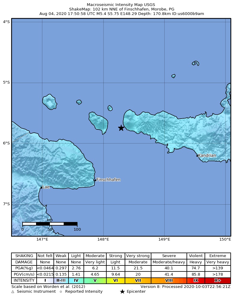 USGS ShakeMap intensity contours for the M5.4 earthquake near 102 km NNE of Finschhafen, Papua New Guinea