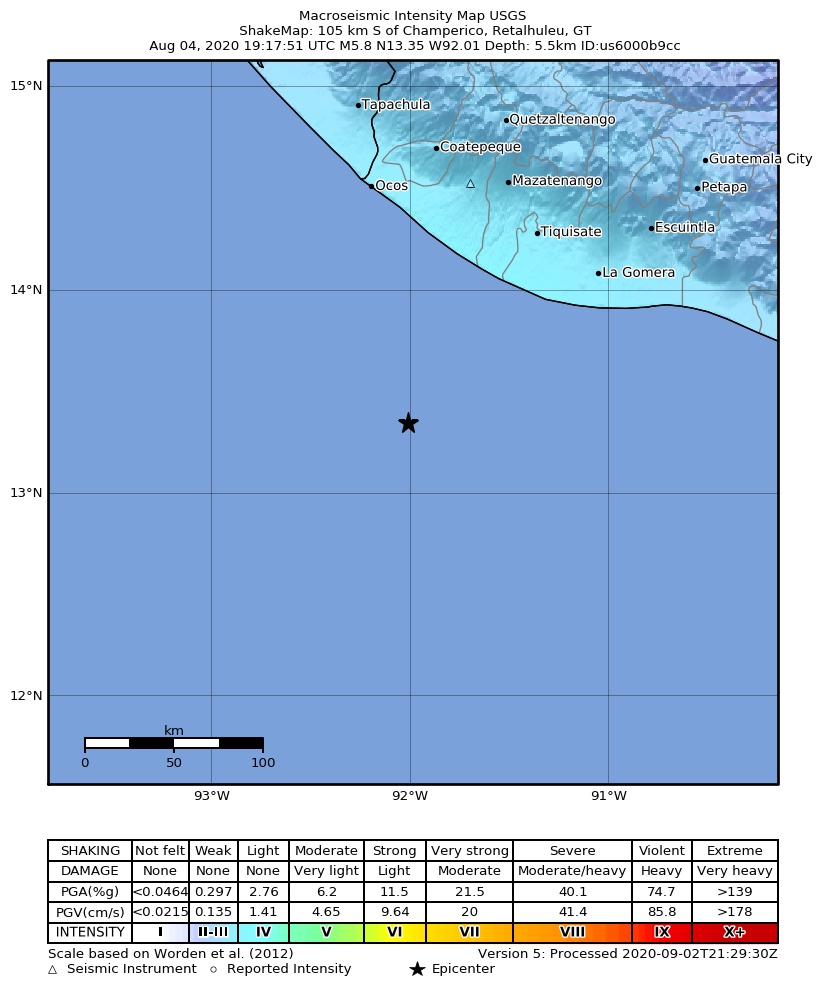 USGS ShakeMap intensity contours for the M5.8 earthquake near 105 km S of Champerico, Guatemala