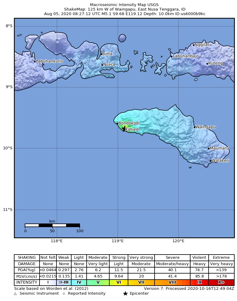 USGS ShakeMap intensity contours for the M5.1 earthquake near 125 km W of Waingapu, Indonesia