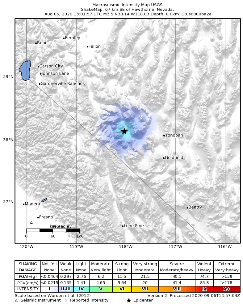 USGS ShakeMap: estimated shaking intensity around the epicenter