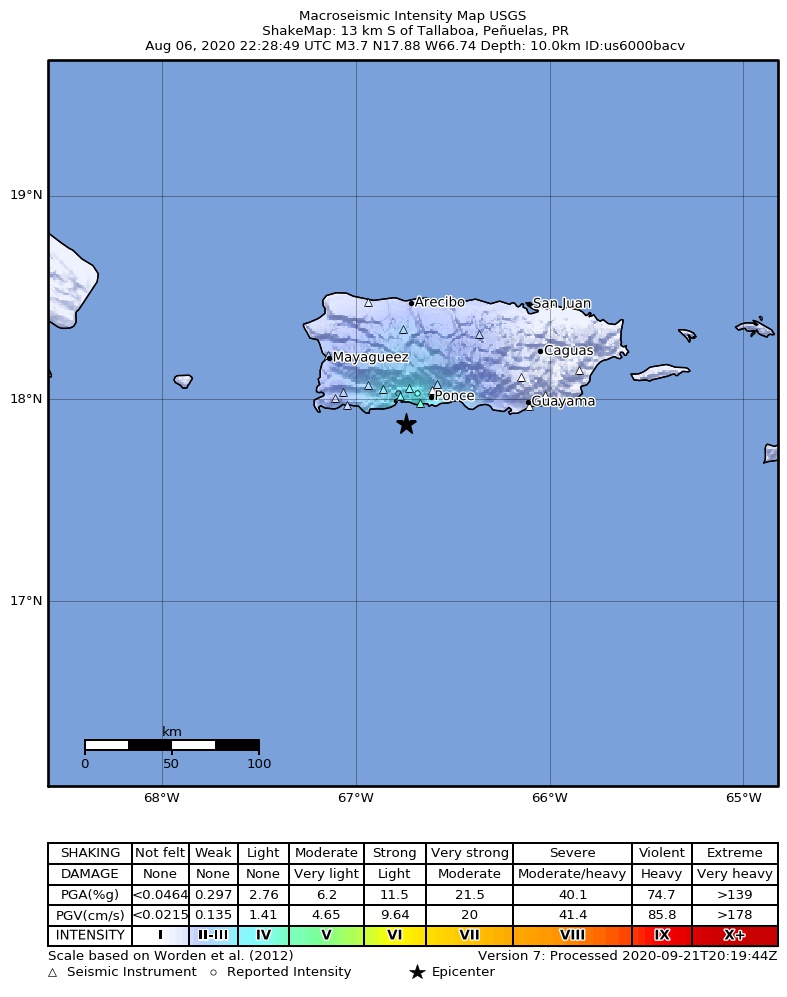 USGS ShakeMap intensity contours for the M3.5 earthquake near 3 km SSE of Magas Arriba, Puerto Rico