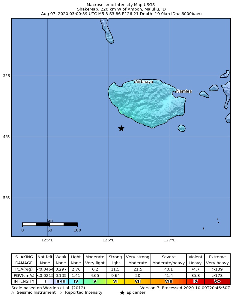 USGS ShakeMap intensity contours for the M5.3 earthquake near 220 km W of Ambon, Indonesia