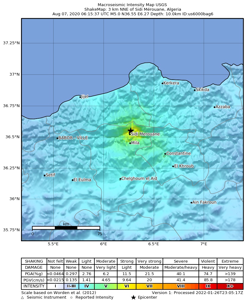 USGS ShakeMap intensity contours for the M5.0 earthquake near 3 km NNE of Sidi Mérouane, Algeria